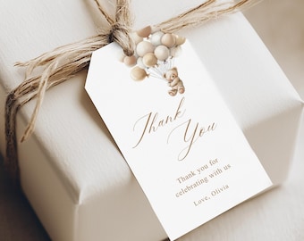 Bomboniere per baby shower a forma di orsetto, etichette di ringraziamento a forma di orsetto boho, etichetta regalo modificabile a forma di orsetto con palloncino neutro, stampabile (download digitale)