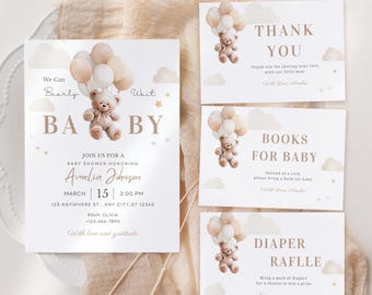 Paquete de invitaciones para baby shower con osito de peluche, baby shower con osito de peluche de género neutro, conjunto de invitaciones "Podemos esperar", plantilla editable de Canva