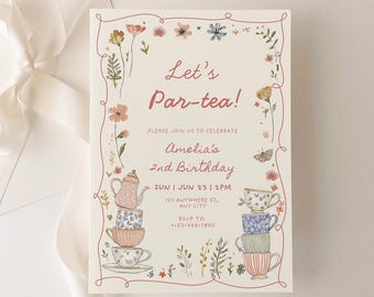 Tea Party Birthday Invitation, Vintage Afternoon Tea Brunch Party Invite, Two for Tea Par-Tea 2nd Birthday Girl Editable Canva