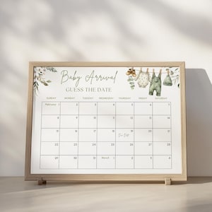 Kalenderspel baby vervaldatum, raad de geboortedatum van de baby, salie groen bos babyshower voorspellingsbord, rustieke waslijn jongen of neutraal