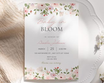 Zaproszenie na baby shower „Baby in Bloom”, zaproszenie dla dziewczynki z motywem posypki, zaproszenie z motywem wiosennych kwiatów, edytowalny szablon Canva