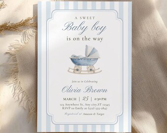 Invitación para baby shower con estampado de toile azul, invitación vintage para bebé niño, decoración clásica de cochecito preppy azul polvoriento, invitación Grandmillennial editable