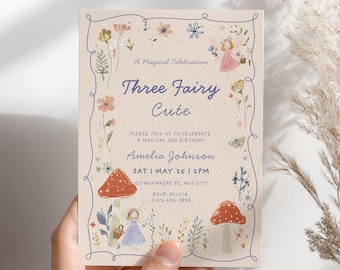 Fairy 3rd Birthday Invitation, Fairy Garden Birthday Girl Invite, Magical Enchanted Fairy Third Party Canva Template (Digital Download)