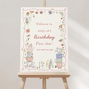 Two for Tea Welcome Sign, 2nd Birthday Girl Tea Party Welcome Board, Editable Canva Template
