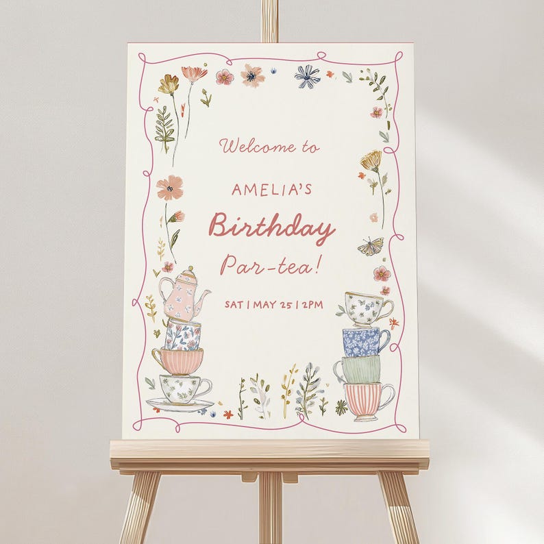 Two for Tea Welcome Sign, 2nd Birthday Girl Tea Party Welcome Board, Editable Canva Template