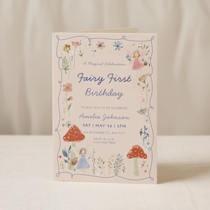 Fairy first birthday invitation with wildflower garden party theme editable in Canva for 1st birthday girl