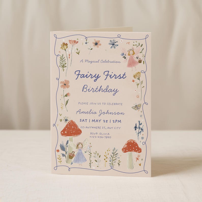 Fairy first birthday invitation with wildflower garden party theme editable in Canva for 1st birthday girl