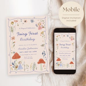 fairy First birthday digital mobile evite with spring wildflower design for 1st birthday girl invitation