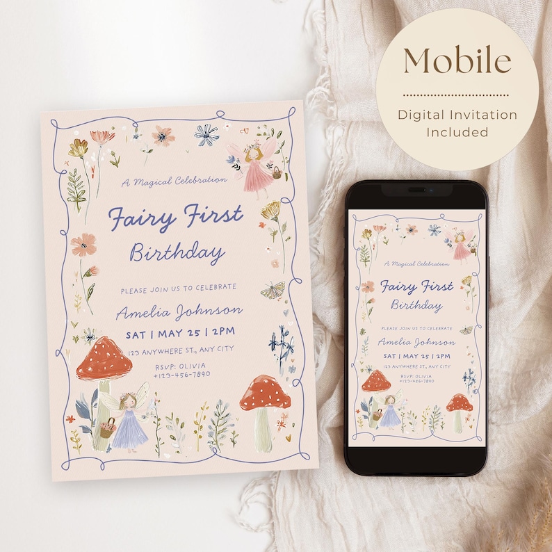 fairy First birthday digital mobile evite with spring wildflower design for 1st birthday girl invitation