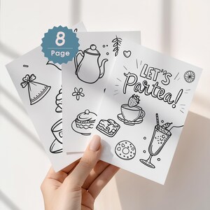 Tea Party Coloring Pages Set, Printable Tea Party Birthday Activity Book, 8 Coloring Sheets for Kids & Adult, Tea Party games PDF