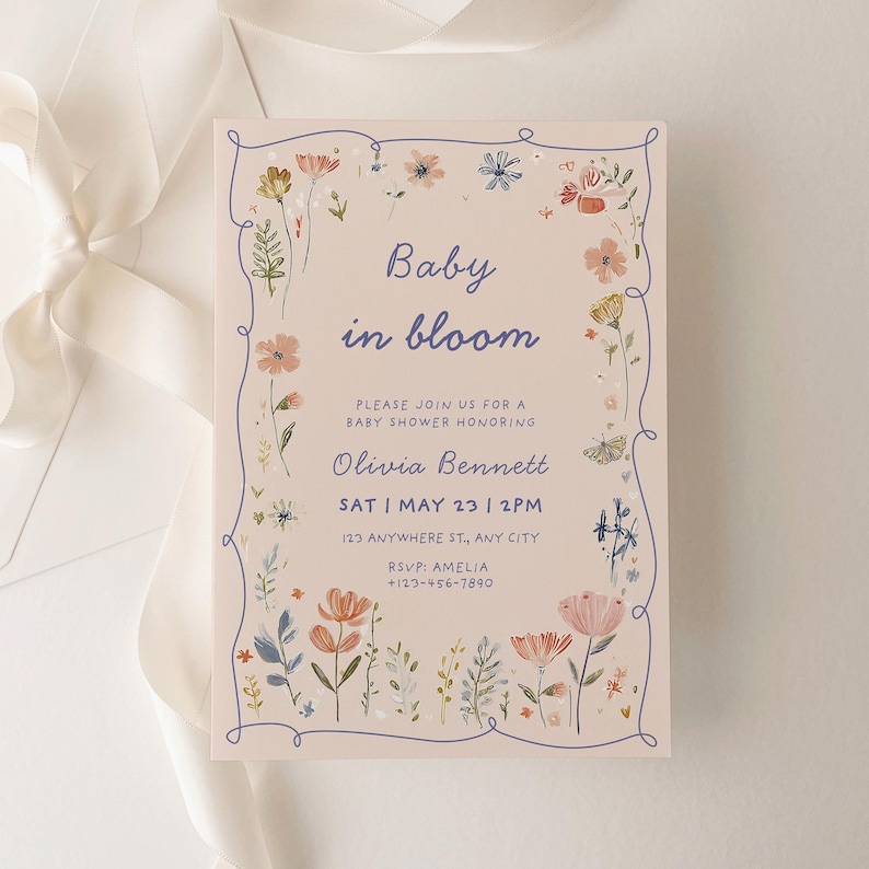 baby in bloom invitation pink wildflower butterfly baby shower invite girl floral spring garden party