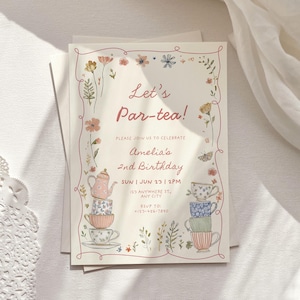 tea party birthday invitation girl vintage afternoon tea brunch party editable canva template for 2nd birthday girl or 1st birthday girl