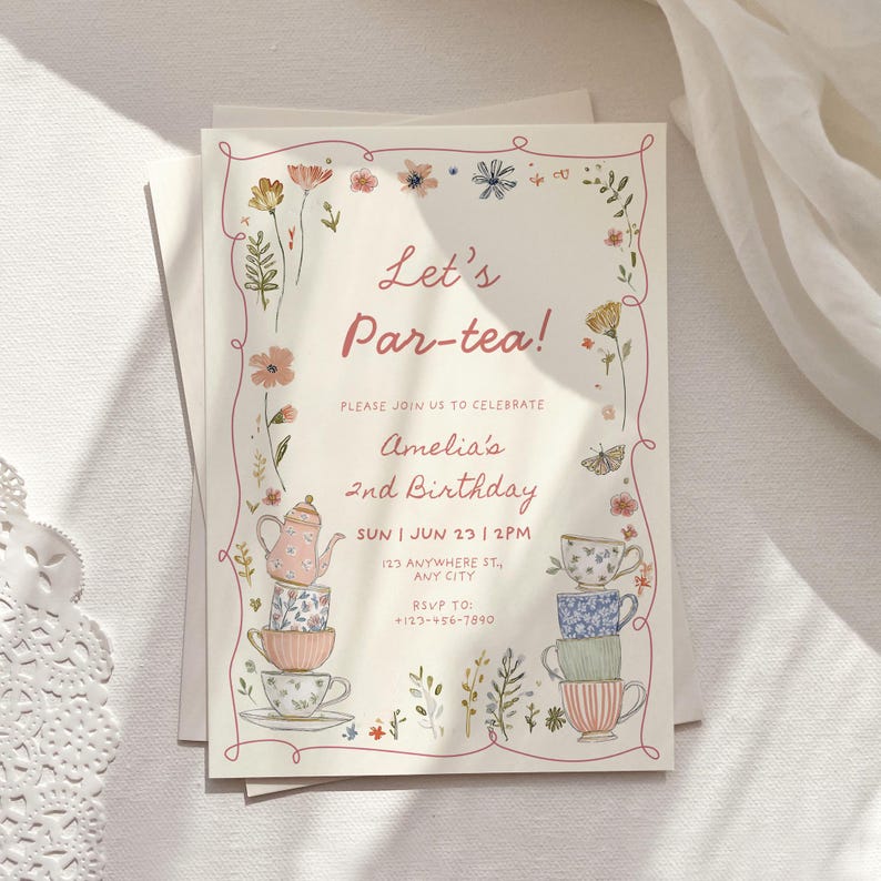 tea party birthday invitation girl vintage afternoon tea brunch party editable canva template for 2nd birthday girl or 1st birthday girl