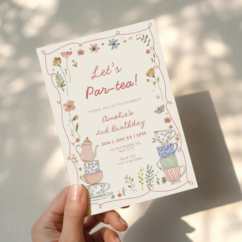editable tea party birthday invitation for girl with vintage afternoon tea and brunch theme whimsical floral wildflower theme