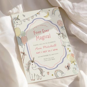 Pode incluir: Um cartão de convite retangular com fundo creme, apresentando ilustrações de unicórnios, arco-íris, balões e bandeirolas. O texto diz: A Magical Celebration, Four Ever Magical, PLEASE JOIN US TO CELEBRATE, Ava Mitchell, SAT | SEP 25 | 2PM, 123 ANYWHERE ST., ANY CITY, RSVP: OLIVIA +123-456-7890.