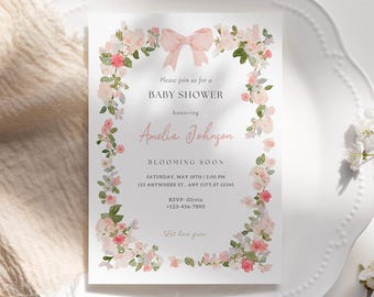 Invitación para baby shower con flores rosas, flores silvestres de primavera, editable e imprimible en Canva.