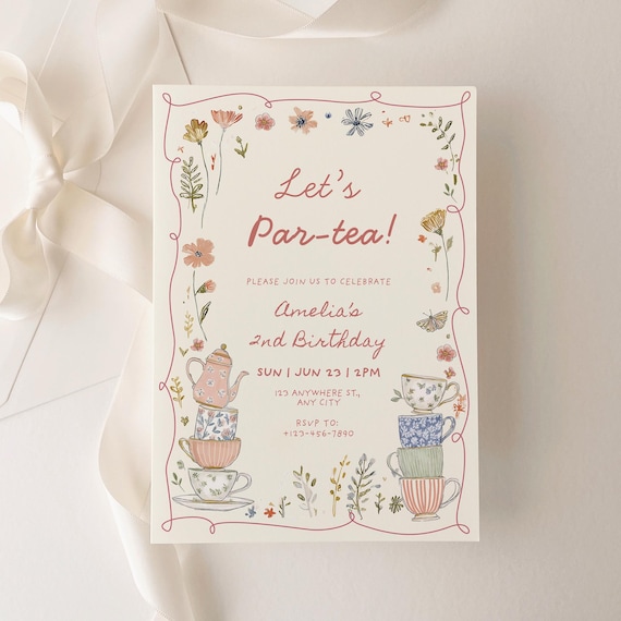 Tea Party Birthday Invitation, Vintage Afternoon Tea Brunch Party Invite, Two for Tea Par-Tea 2nd Birthday Girl Editable Canva