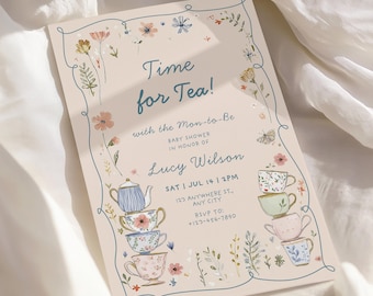 Invitación para baby shower con temática de fiesta de té "Baby is Brewing", invitación para fiesta de té con temática de jardín floral, plantilla editable de Canva para niña con temática de flores silvestres.