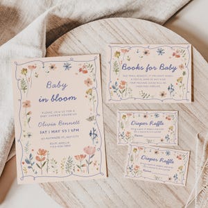 baby in bloom invitation bundle including books for baby card, diaper raffle tickets pink wildflower butterfly baby shower invite girl floral spring garden party