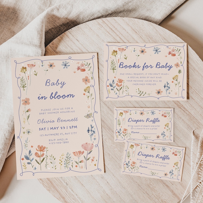 baby in bloom invitation bundle including books for baby card, diaper raffle tickets pink wildflower butterfly baby shower invite girl floral spring garden party