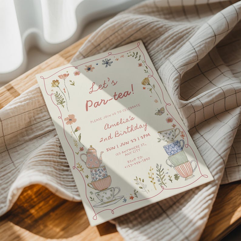 editable tea party birthday invitation for girl with vintage afternoon tea and brunch theme whimsical floral wildflower theme