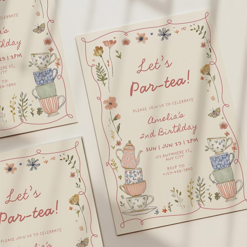 editable tea party birthday invitation for girl with vintage afternoon tea and brunch theme whimsical floral wildflower theme