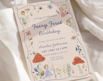 Invito per il primo compleanno di una fata, invito per il primo compleanno di una bambina, festa in giardino con fiori selvatici primaverili, tema boho floreale, Canva modificabile