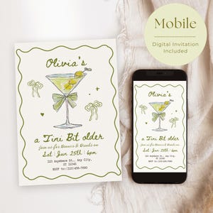 A Tini Bit Older Birthday Invitation, 30th Birthday Invite, Dirty 30 Party, Green Cocktail Drinks Digital Evite, Coquette bow Canva Template