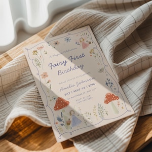 Editable fairy garden birthday invitation with storybook theme and floral elements Fairy First birthday theme for 1st birthday girl