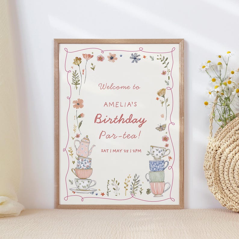 Tea Party Birthday Welcome Sign for Girls, Let's Par-Tea 2nd Birthday Decor, Printable Canva Sign
