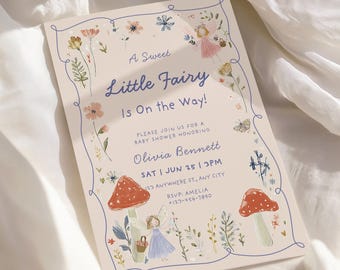 Invitación para baby shower de niña con temática de hadas, invitación para baby shower con temática de jardín de hadas, diseño de pequeña hada en un bosque encantado de flores silvestres (descarga digital).