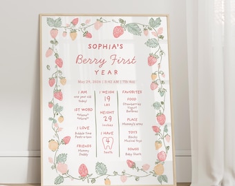Può includere: Una stampa incorniciata con il testo "Sophia's Berry First Year" circondata da un bordo di vite di fragole. La stampa include dettagli come il peso (8,6 kg), l'altezza (73,7 cm) e le cose preferite.