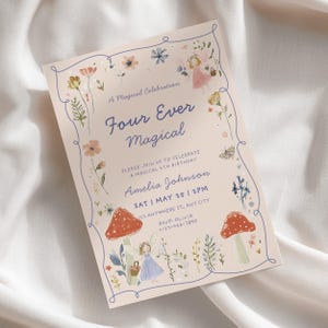 Fairy 4th Birthday Invitation, Fairy Garden Birthday Girl Invite, Four Ever Magical Fairytale Party, Editable Canva Template