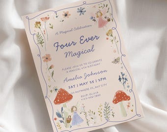 Fairy 4th Birthday Invitation, Fairy Garden Birthday Girl Invite, Four Ever Magical Fairytale Party, Editable Canva Template