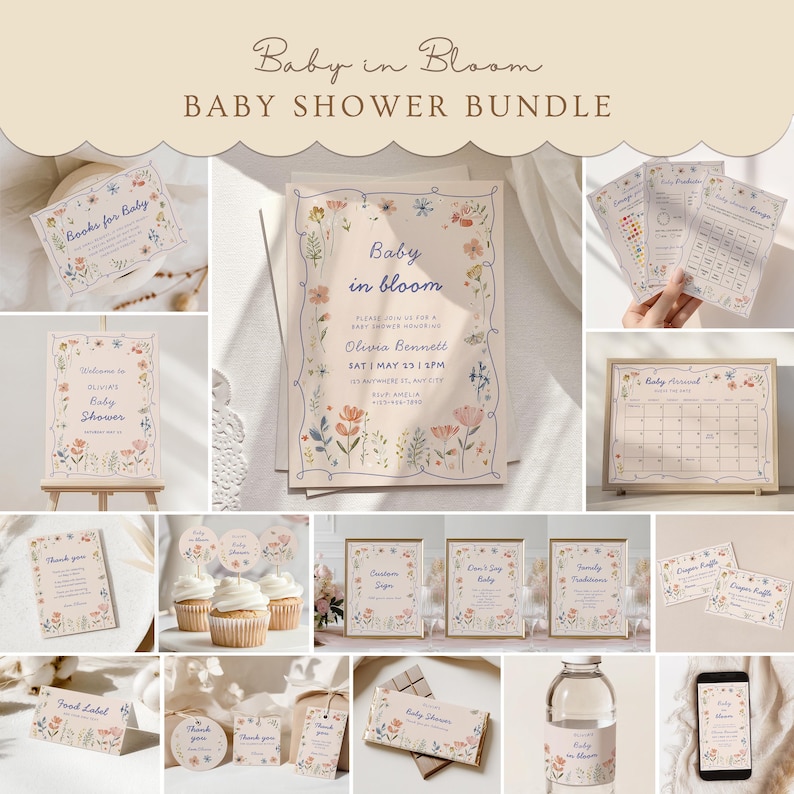 baby in bloom invitation bundle set pink wildflower butterfly baby shower invite girl floral spring garden party