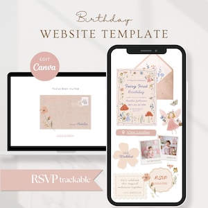 May include: A digital birthday website template displayed on a laptop and smartphone screen. The design features a soft pink color palette with floral illustrations, fairy graphics, and text including "Birthday WEBSITE TEMPLATE," "Fairy First Birthday," "Amelia Johnson," "View Location," "View Wishlist," and "RSVP trackable."