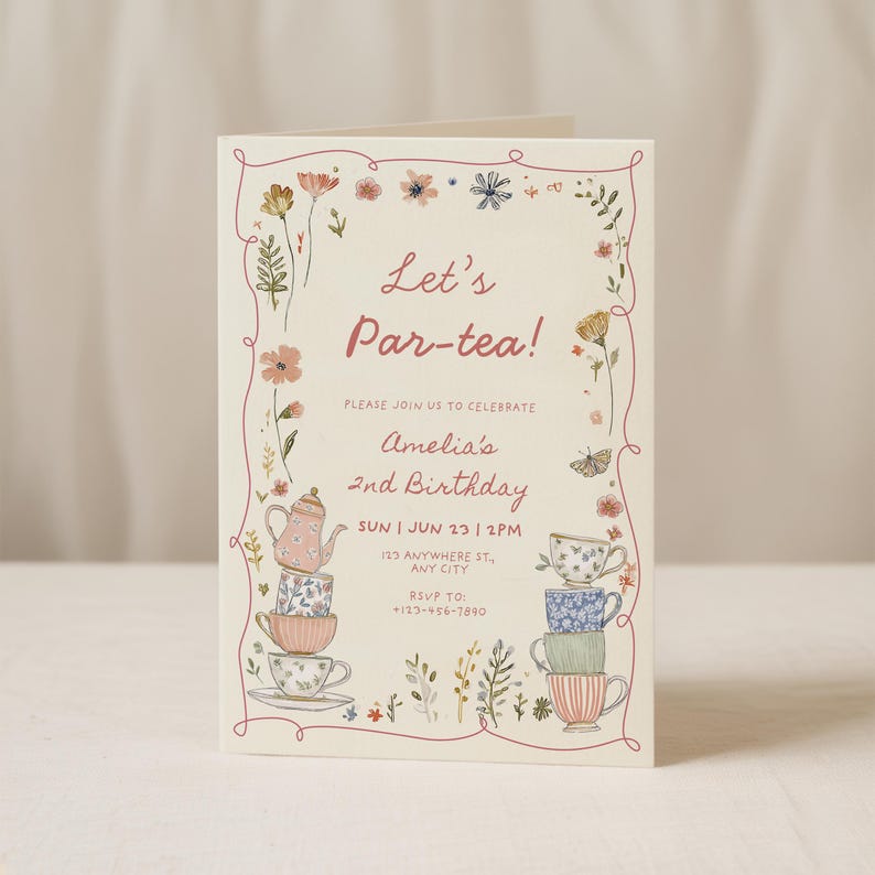 two for tea par tea 2nd birthday girl invitation vintage floral brunch party invite editable canva template