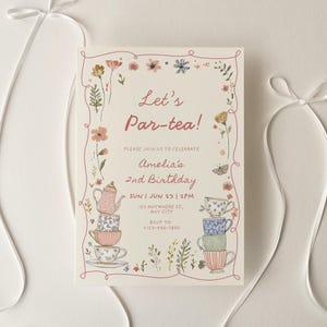 tea party birthday invitation girl vintage afternoon tea brunch party editable canva template for 2nd birthday girl or 1st birthday girl