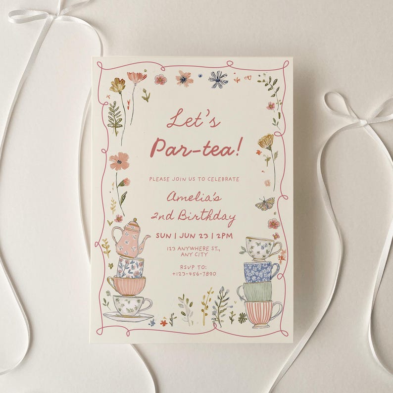 tea party birthday invitation girl vintage afternoon tea brunch party editable canva template for 2nd birthday girl or 1st birthday girl