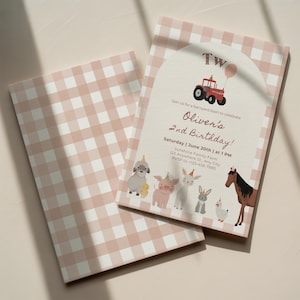 May include: A set of two invitations with a pink and white gingham pattern. The invitation features a tractor, balloons, and farm animals. Text reads "Oliver's 2nd Birthday!" and includes event details.