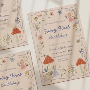 Boho floral fairy First birthday invite with spring wildflower design for 1st birthday girl