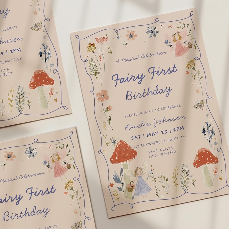 Boho floral fairy First birthday invite with spring wildflower design for 1st birthday girl