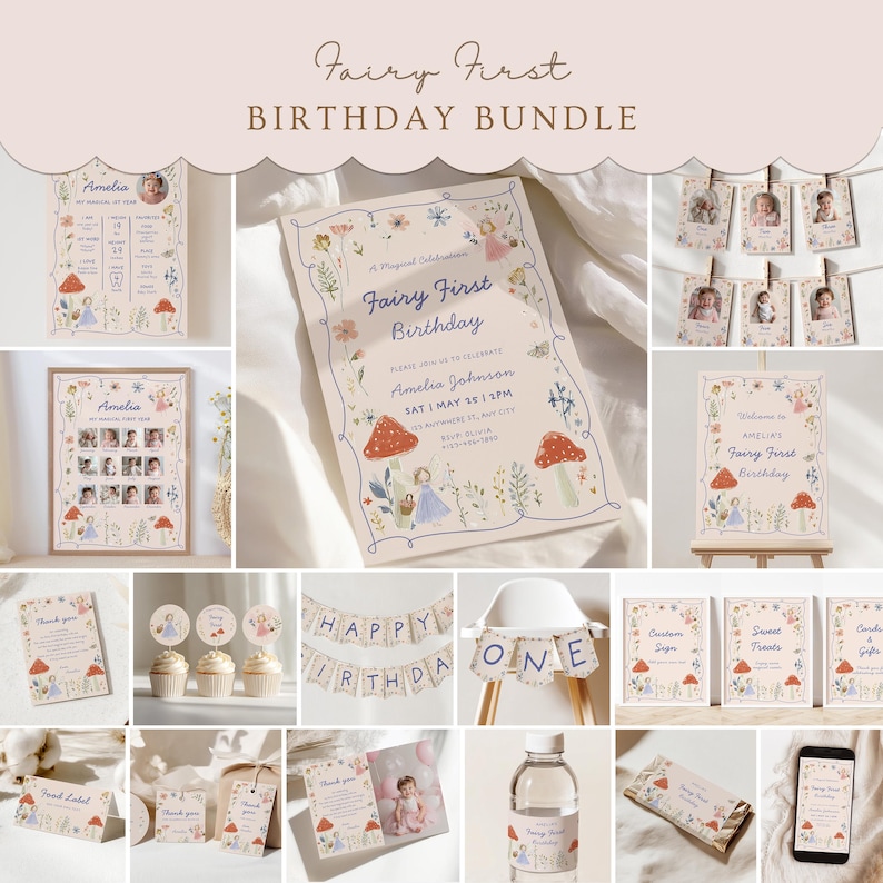 Fairy first birthday invitation bundle with baby milestone board and Fairy garden decorations set for girl 1st birthday party