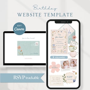 Può includere: Un modello di sito web di compleanno digitale visualizzato su uno schermo di laptop e smartphone. Il design presenta illustrazioni floreali, grafiche di tazze da tè e testo che include "Birthday WEBSITE TEMPLATE" e "RSVP trackable" per la pianificazione.