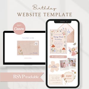 Fairy First Birthday website invitation with RSVP tracker, editable Canva website template for girls
