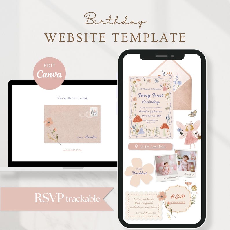 Fairy First Birthday website invitation with RSVP tracker, editable Canva website template for girls