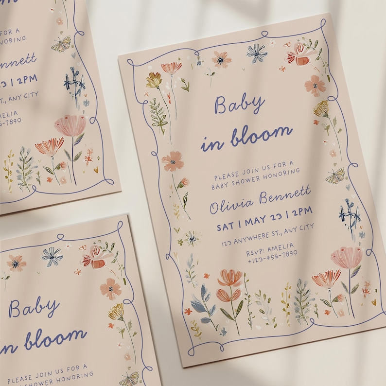 baby in bloom baby shower invite girl pink floral butterfly wildflower fairy garden printable template