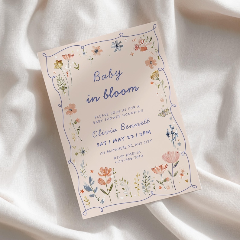 baby in bloom invitation pink wildflower butterfly baby shower invite girl floral spring garden party