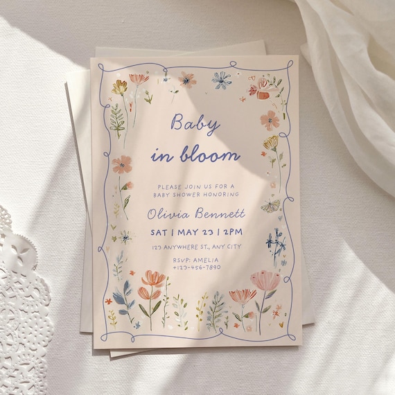 Baby in Bloom invitation, Baby Shower invite for Girl, Pink Wildflower Butterfly Invite, Floral Spring Garden Party Canva Template