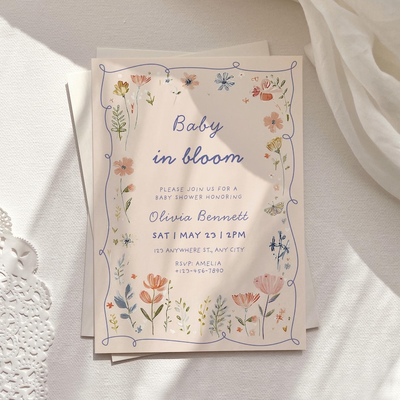 baby in bloom invitation pink wildflower butterfly baby shower invite girl floral spring garden party